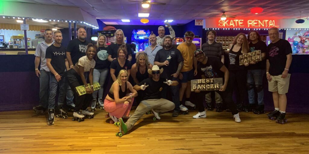 Group Photo from Rambos Skateland in Saraland AL for The Skate Cowboy and LoLo's adult night event 8.12.23